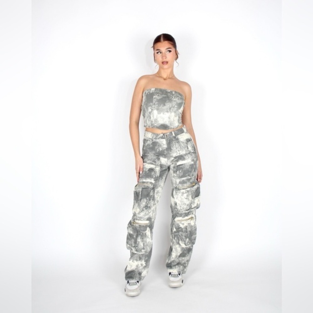 Tie Dye Multi Pocket Straight Leg Cargo Jeans gray size XXL